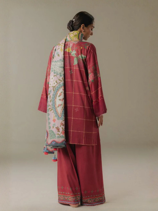 Coco By Zara Shahjahan Linen Printed Unstitched 3-Piece Suit-Olive Hour-5B pink