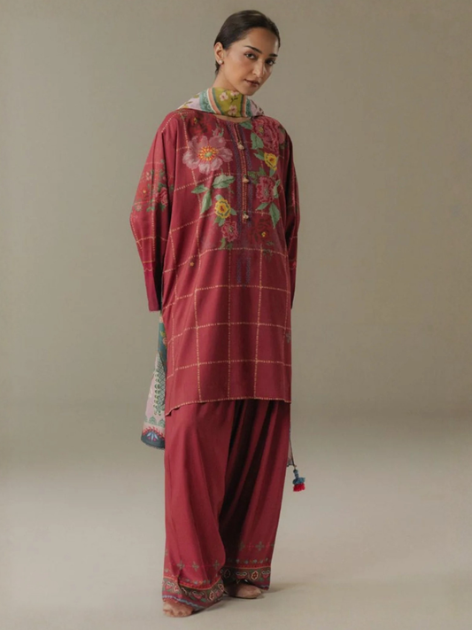 Coco By Zara Shahjahan Linen Printed Unstitched 3-Piece Suit-Olive Hour-5B  pink