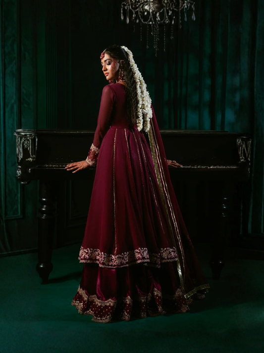 Purple-Hani & Umaima Chiffon Embroidered Pishwas-Zimal