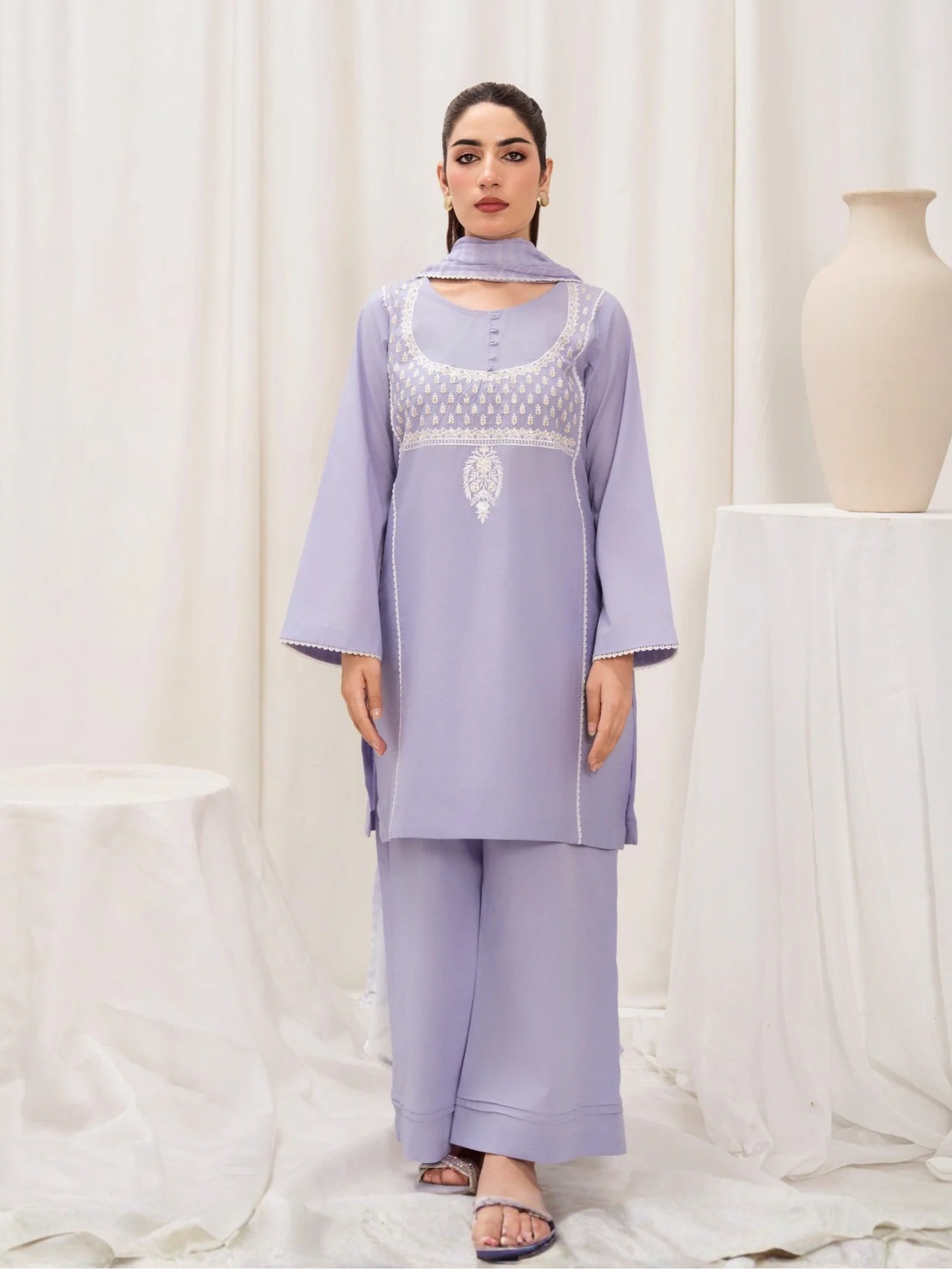 Lilac-HEM Lawn Cotton Embroidered Stitched 3-Piece Suit-Butter Fly Blush