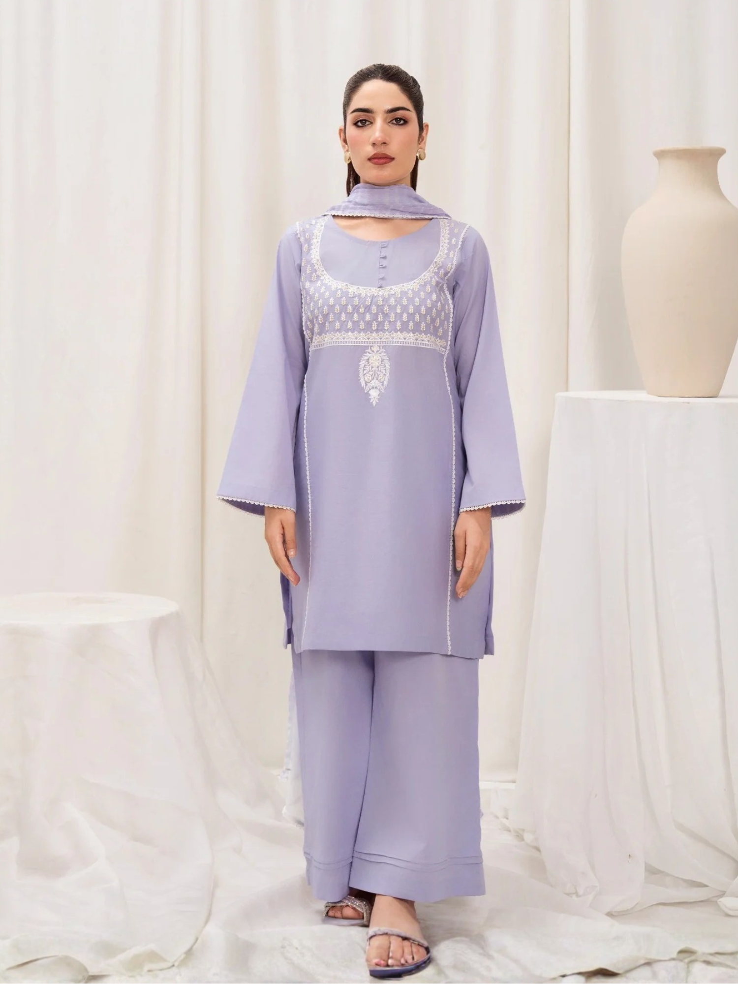 Lilac-HEM Lawn Cotton Embroidered Stitched 3-Piece Suit-Butter Fly Blush