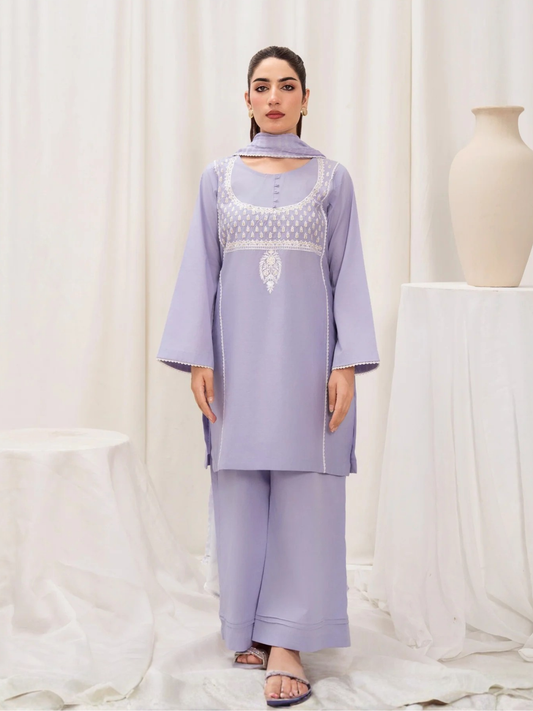 Lilac-HEM Lawn Cotton Embroidered Stitched 3-Piece Suit-Butter Fly Blush