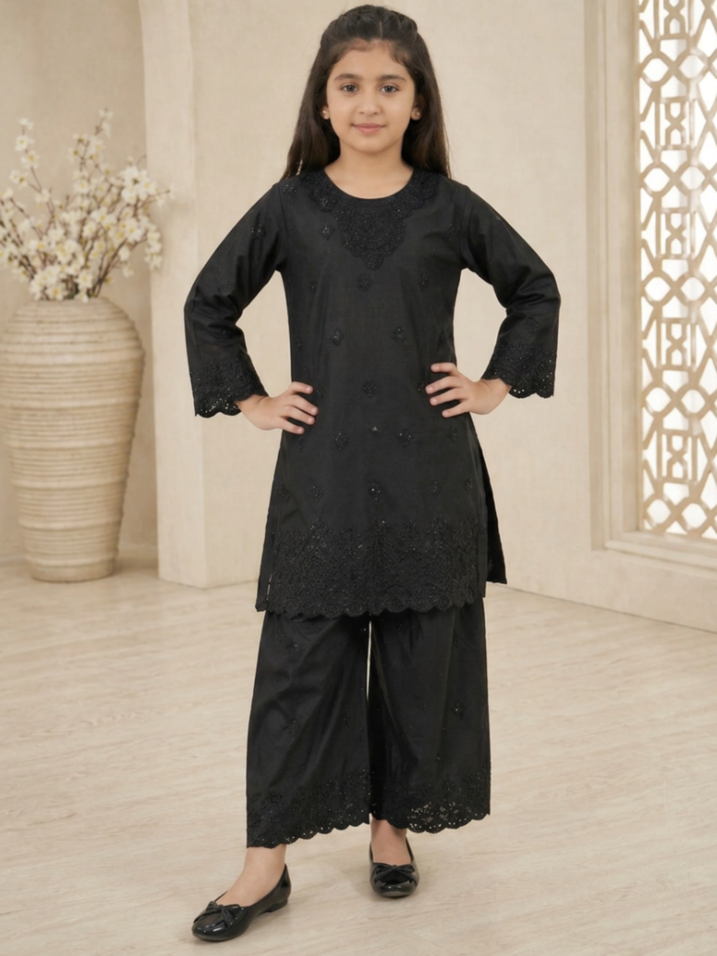 Black Lumira Cotton Embroidered Stitched 3-Piece Suit-Black