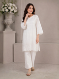 HEM Cotton Embroidered Stitched 3-Piece Suit-White ChikanKari Kurta Set with Zari Jacquard Dupatta