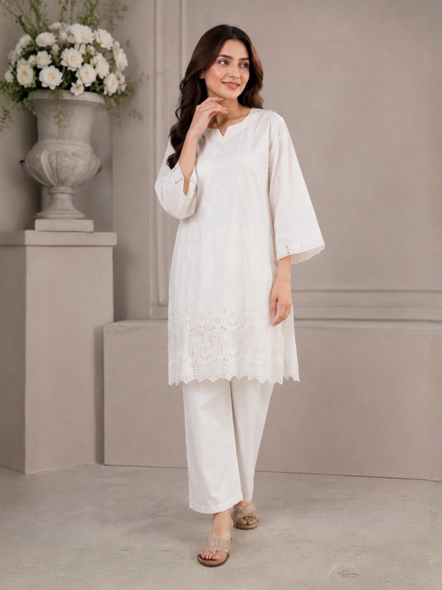 HEM Cotton Embroidered Stitched 3-Piece Suit-White ChikanKari Kurta Set with Zari Jacquard Dupatta
