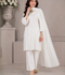 HEM Cotton Embroidered Stitched 3-Piece Suit-White ChikanKari Kurta Set