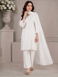 HEM Cotton Embroidered Stitched 3-Piece Suit-White ChikanKari Kurta Set with Zari Jacquard Dupatta