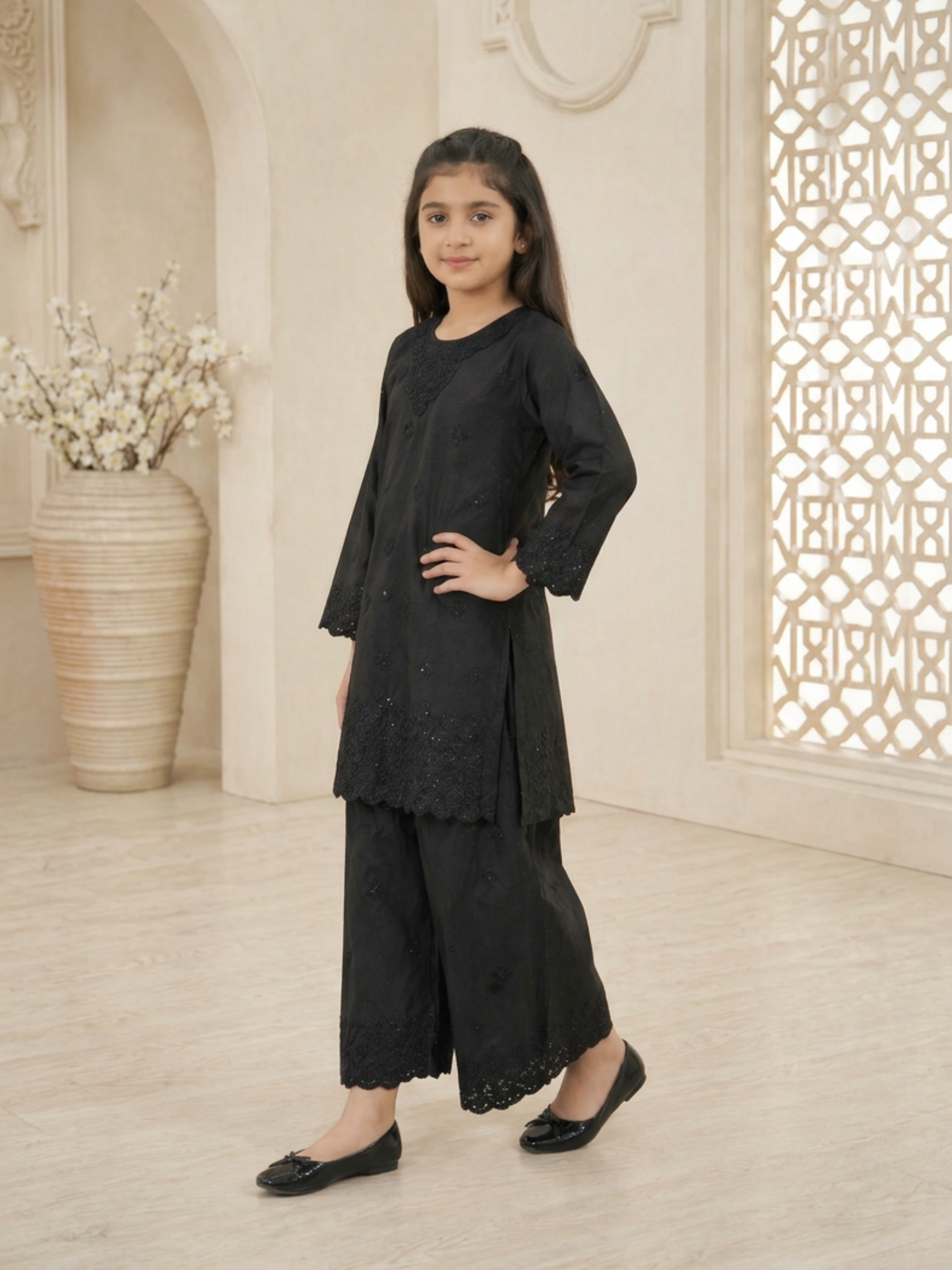 Black Lumira Cotton Embroidered Stitched 3-Piece Suit-Black