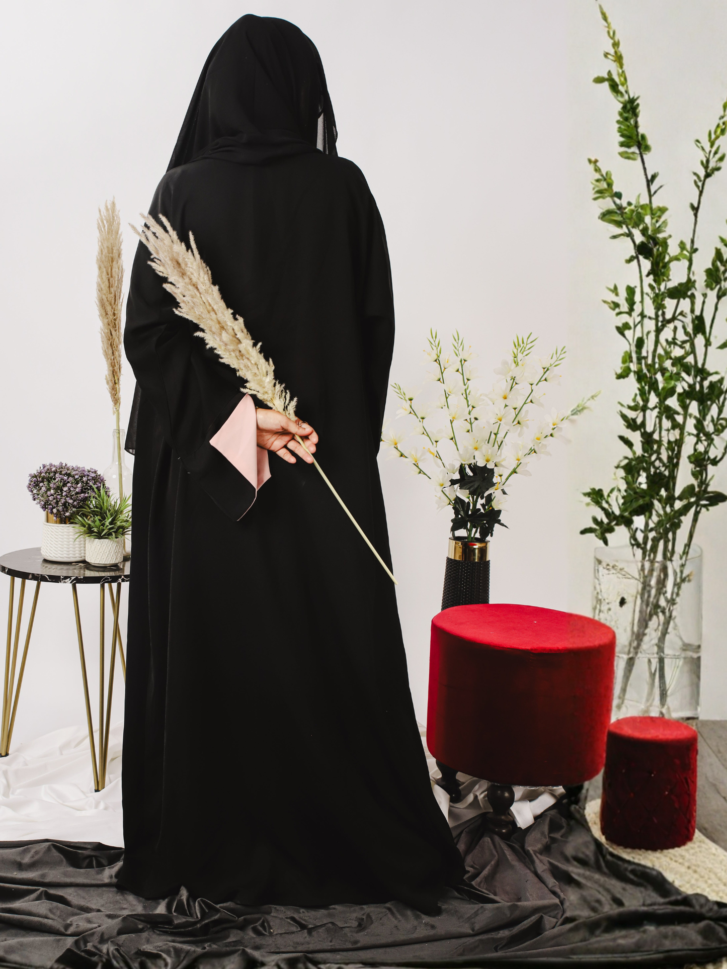 Pink and Black-Nourah Korean Nida Embellished Abaya-Layla