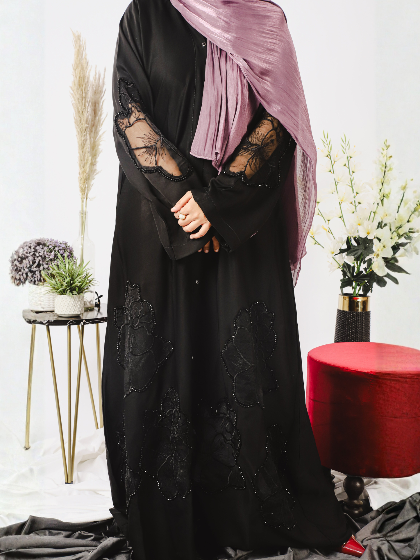 Black-Nourah Nida Embroidered Abaya-Mahal