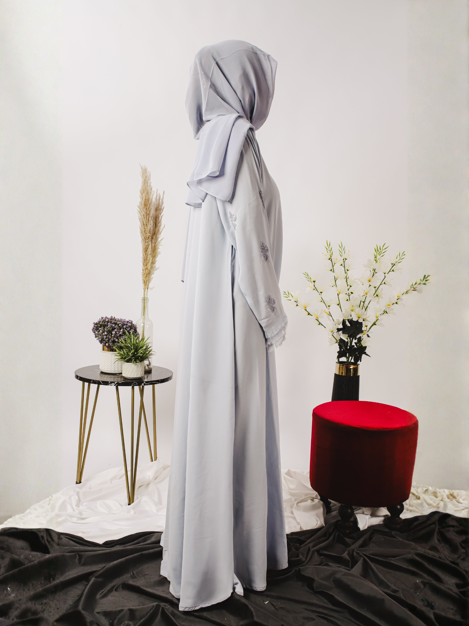 Grey-Nourah Moose Chiffon Embroidered Abaya-Fiza