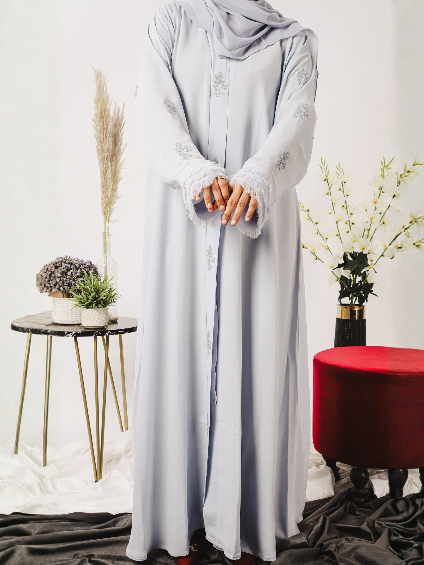 Grey-Nourah Moose Chiffon Embroidered Abaya-Fiza