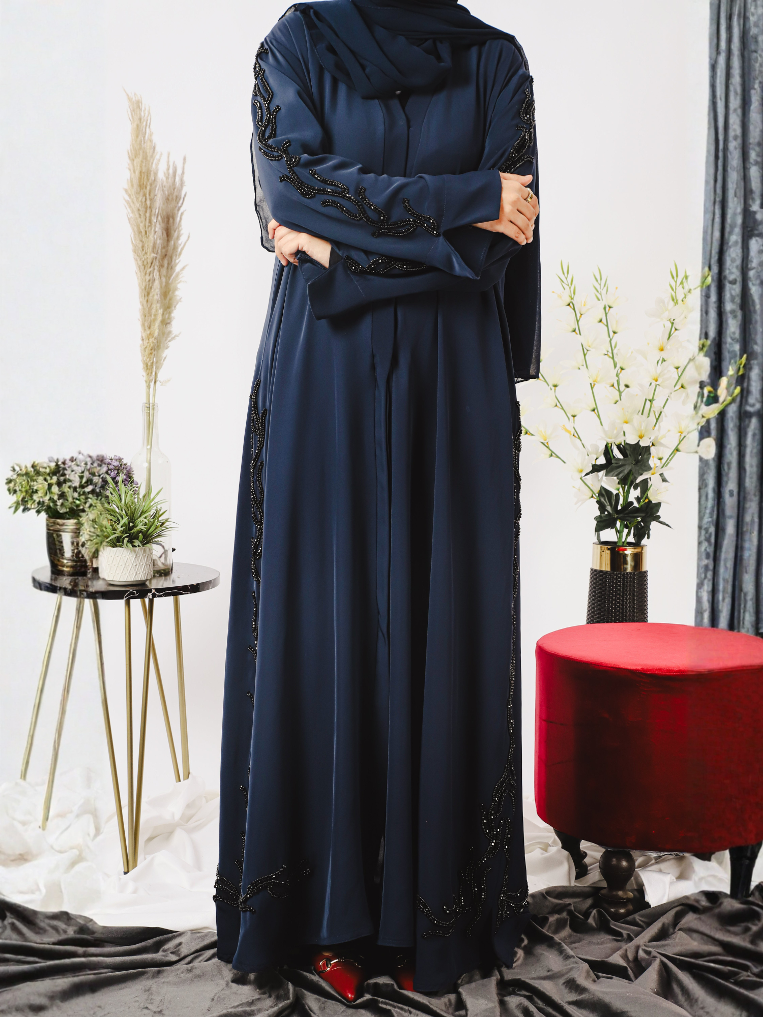 Blue-Nourah Korean Nida Embellished Abaya-Ayla