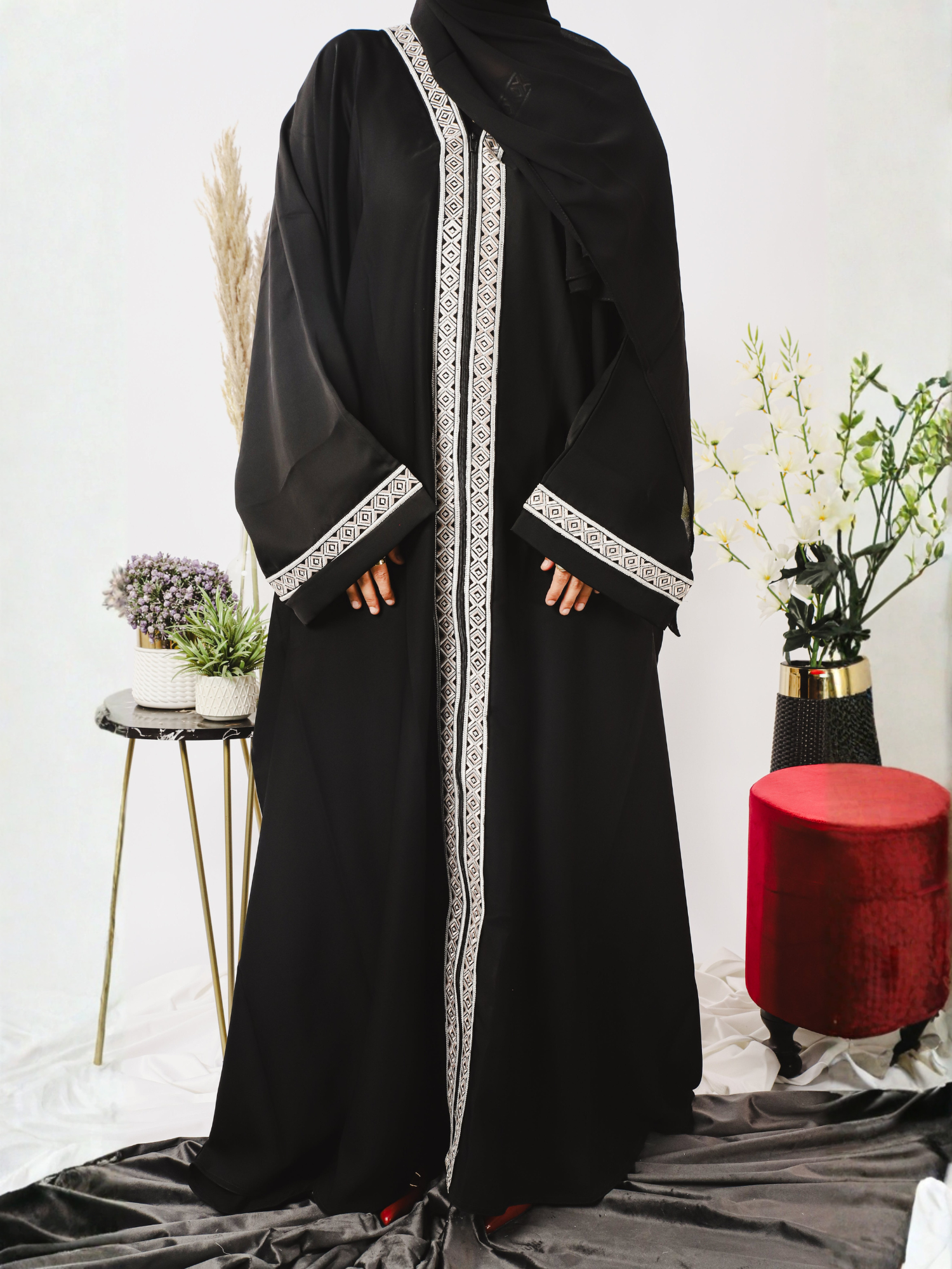 Black-Nourah Nida Embroidered Abaya-Kiran