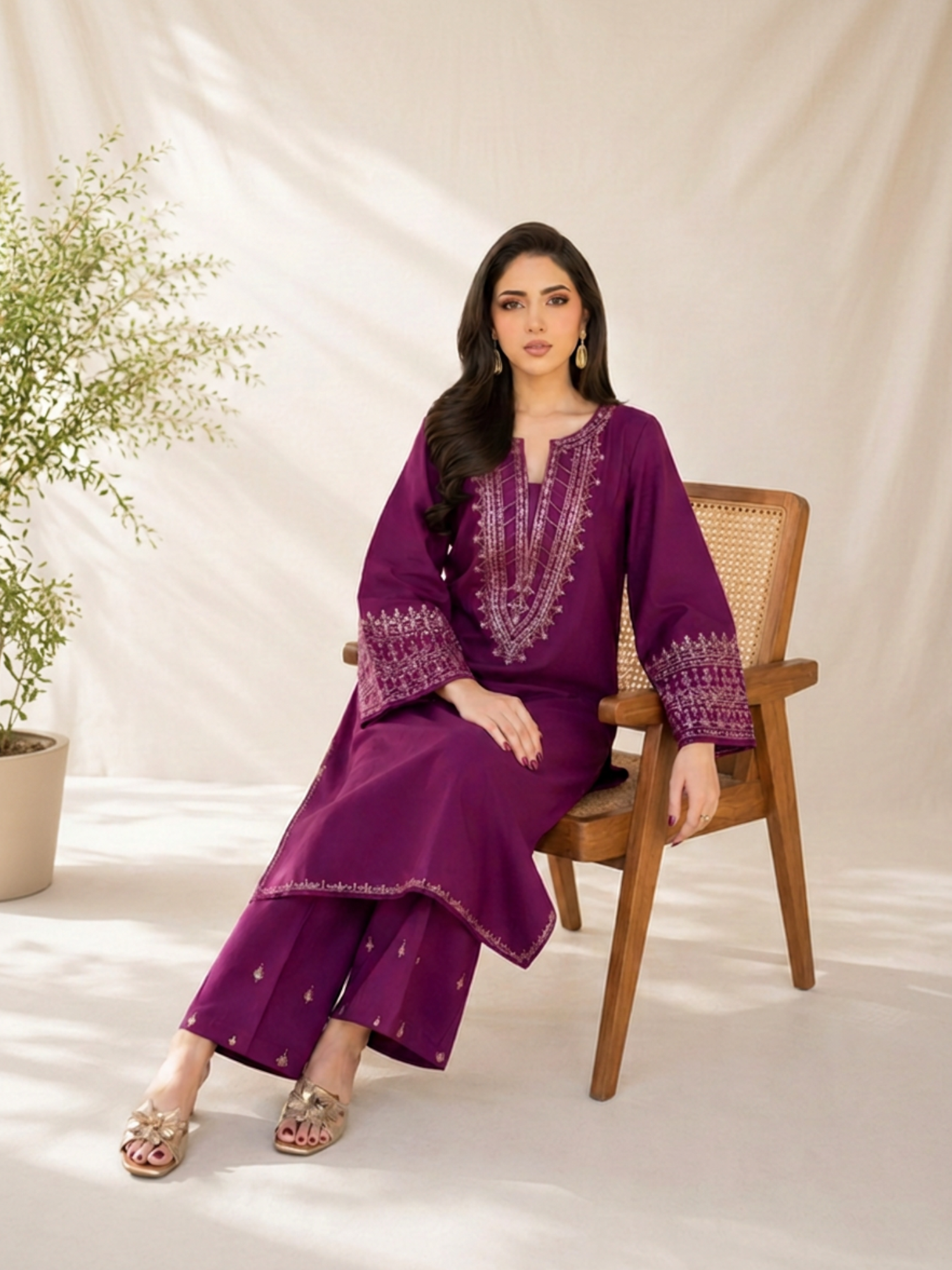 Purple-Alina Lime Summer Linen Embroiderd Stitched 2-Piece Suit-Purple Aura
