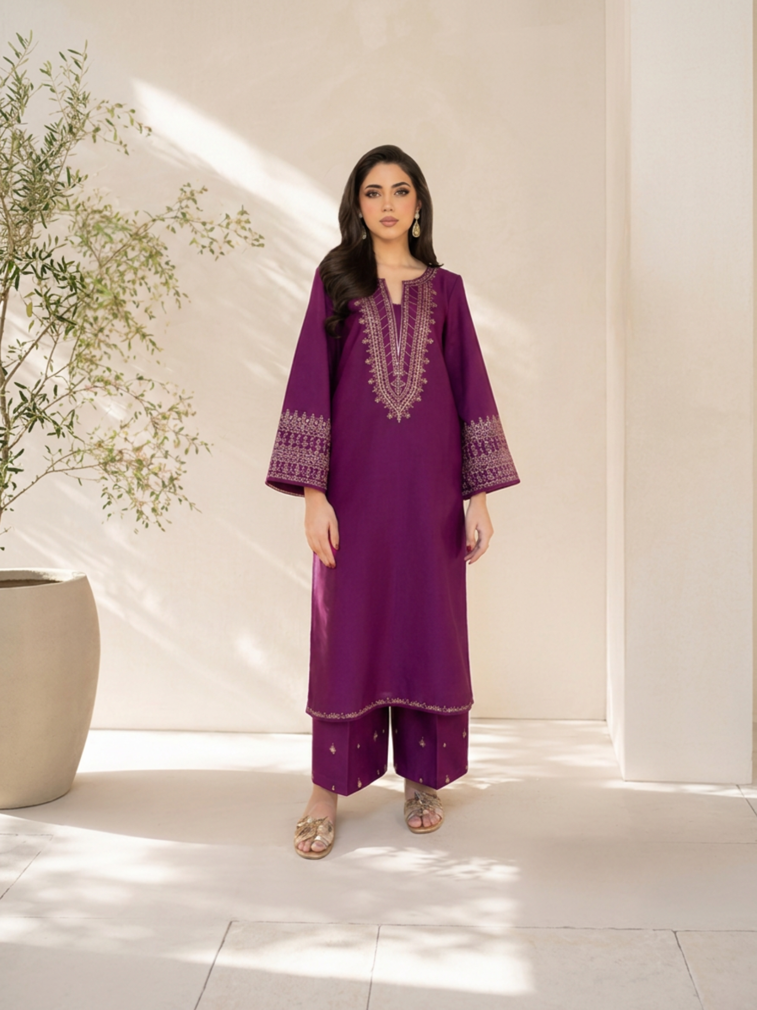 Purple-Alina Lime Summer Linen Embroiderd Stitched 2-Piece Suit-Purple Aura