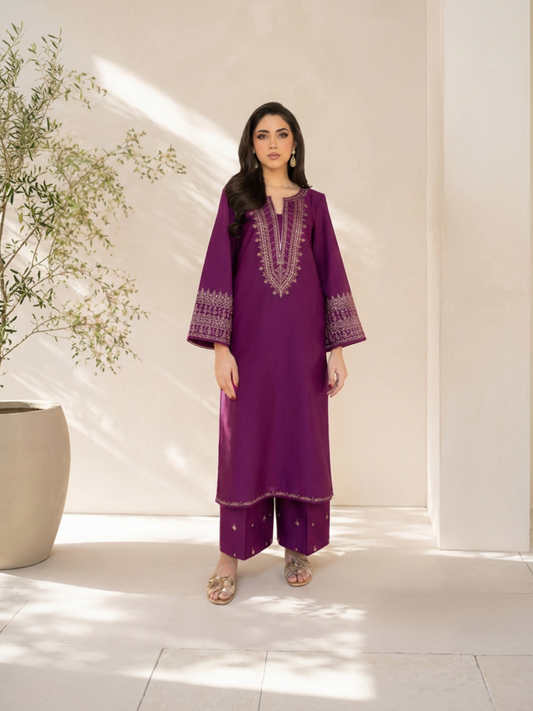 Purple-Alina Lime Summer Linen Embroiderd Stitched 2-Piece Suit-Purple Aura