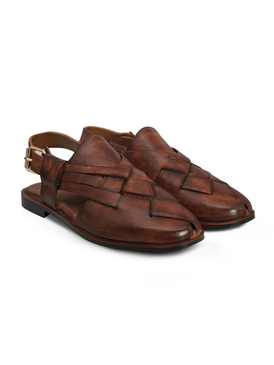 Brown cow leather Peshawari sandals with traditional design and modern comfort, perfect for casual and semi-formal wear.