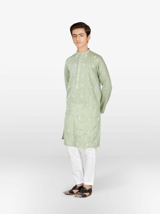 Light Green Velvour Boys Embroidered Kurta Set-VB196-B