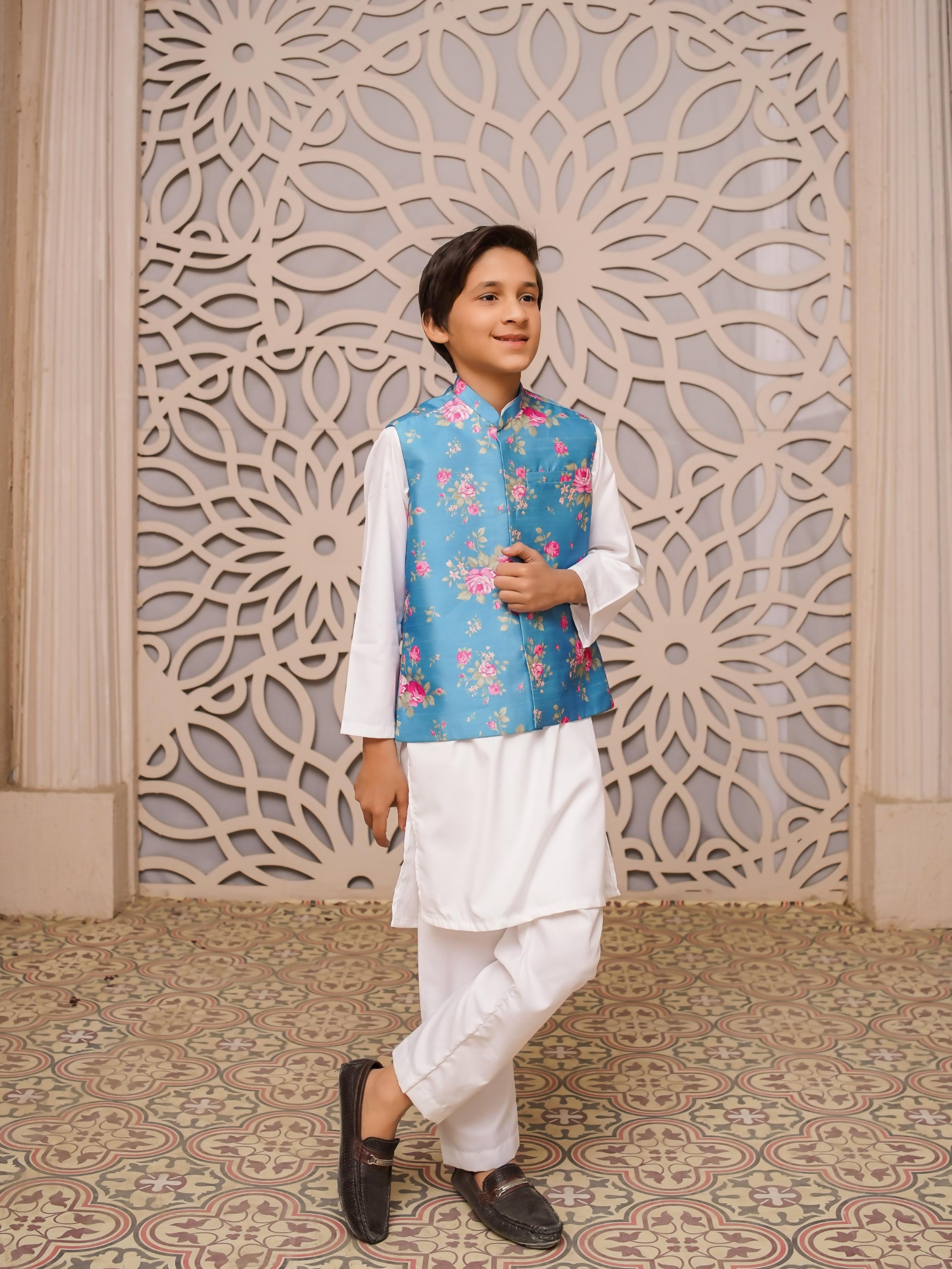 Kidoz Kloset Rang Rasiya Wash and Wear Kurta Pajama-Aqua Rose-Boy