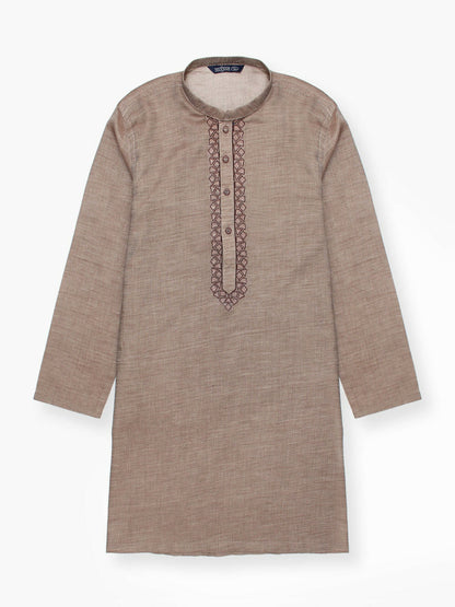 Embroidered cotton stitched kurta for boys with mandarin collar, embroidery along button placket, full sleeves, and regular fit