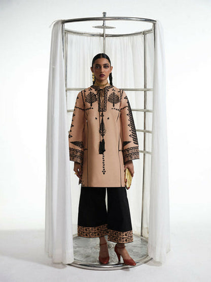 Beige and Black Jugnu Lahore Luxury Cotton Embroidered Stitched 2-Piece Suit-Dita