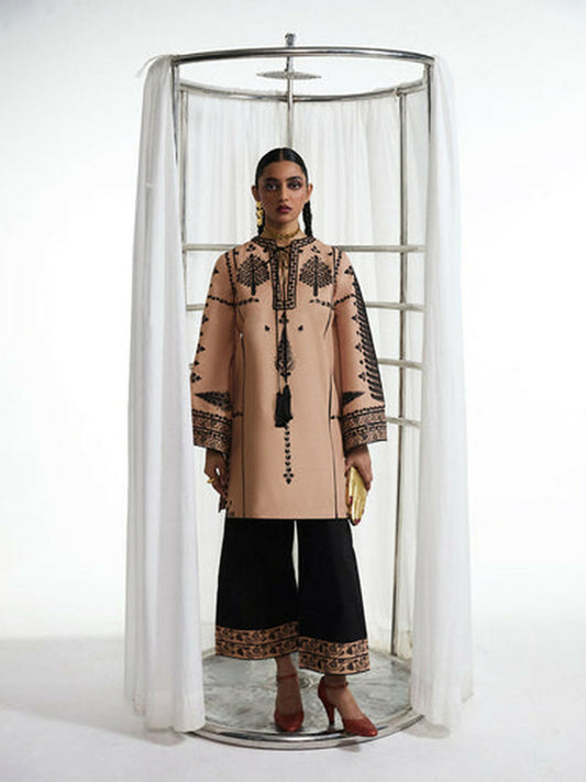 Beige and Black Jugnu Lahore Luxury Cotton Embroidered Stitched 2-Piece Suit-Dita