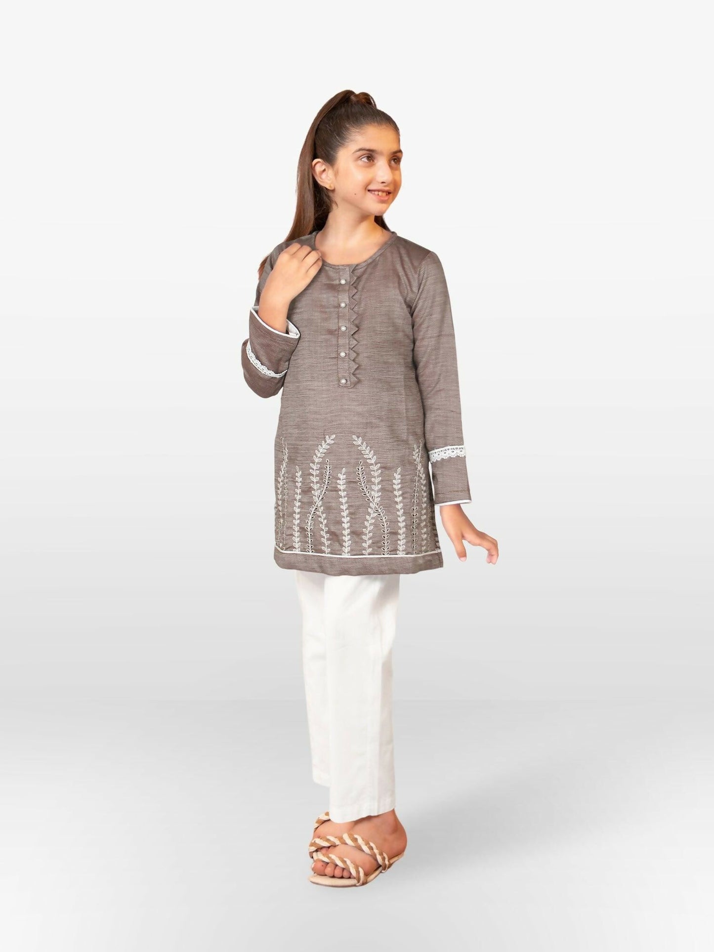 Taupe Grey Velvour Girls Embroidered Stitched Kurti Tunic-VG90-B