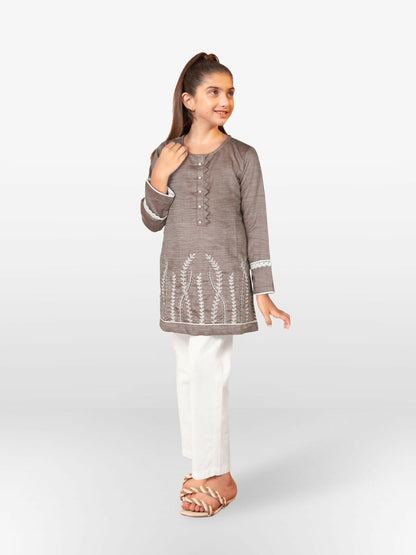 Taupe Grey Velvour Girls Embroidered Stitched Kurti Tunic-VG90-B