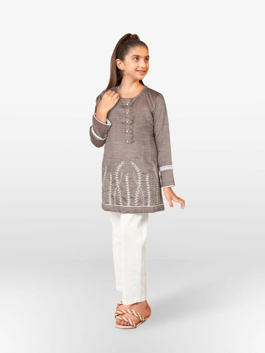 Taupe Grey Velvour Girls Embroidered Stitched Kurti Tunic-VG90-B