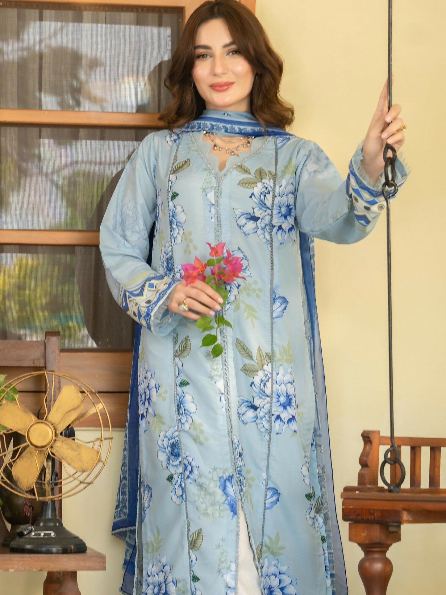 Panache Apparel Mah-e-Noor Intermix Rawsilk Printed Stitched Suit-Frost Blue