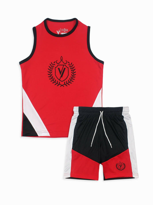 Red,Black and White Velvour Boys & Girls Printed Track Suit-VST63-A
