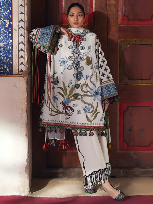 Unstitched 3-piece suit by Elan with embroidered lawn shirt, khaddi net embroidered dupatta, and cambric trouser
