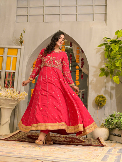 Ruby's Couture Poshak Silk Embellished Stitched 3-Piece Suit-Pari