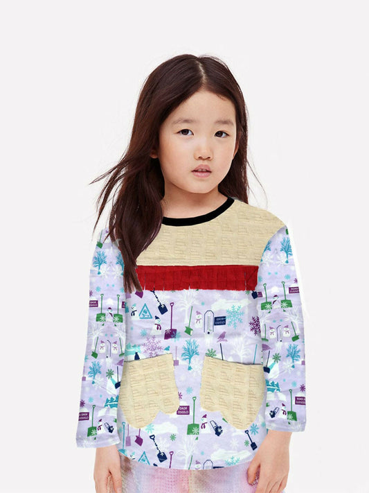Kids' stylish printed long sleeve cotton sweatshirt with front pockets.