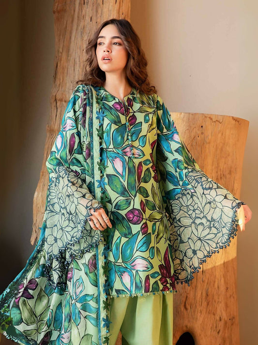 Maria.B green printed lawn shirt with dual embroidered organza pattis, dyed cambric trouser, and printed chiffon dupatta