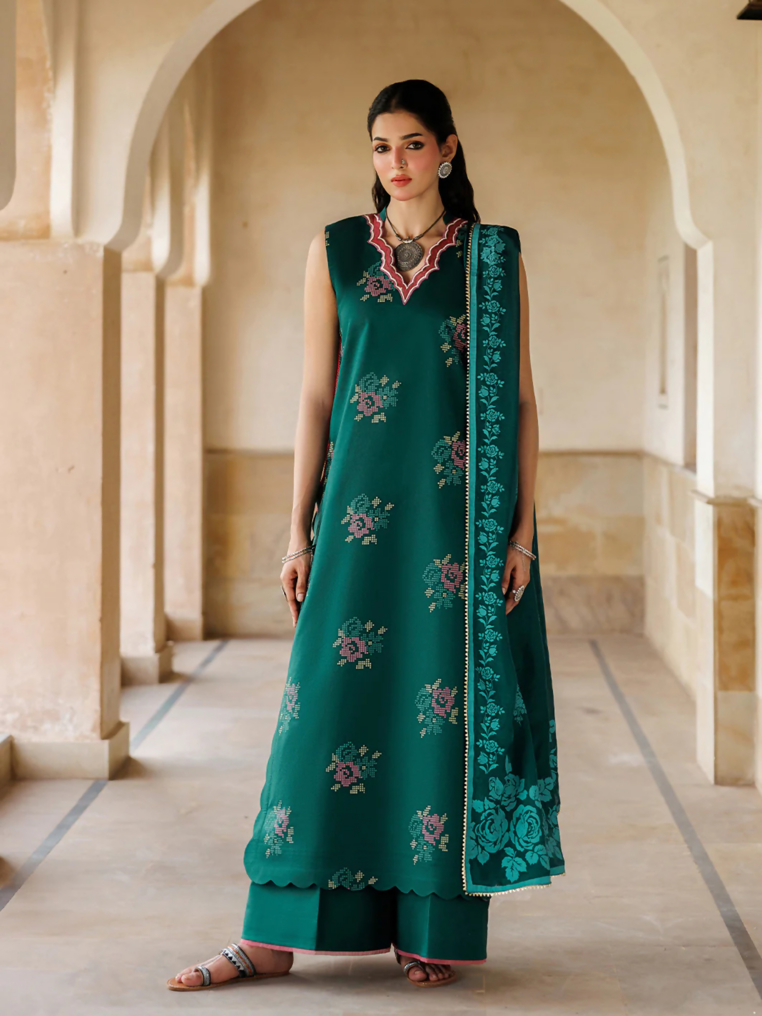 Green Panache Apparel Noor Mahal Cotton Printed Stitched Suit-Aylaar