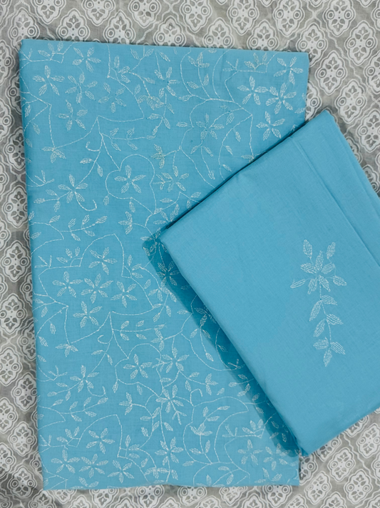 Fehm unstitched blue lawn 2-piece suit with all-over hand embroidery on the shirt and matching lawn dupatta featuring scattered hand embroidered boti motifs.