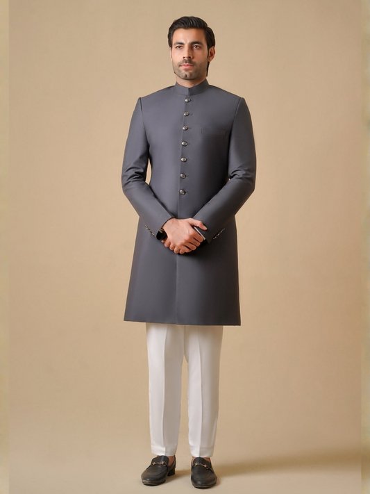 Gem Garments Janaan Jacquard Sherwani-Emience Grey