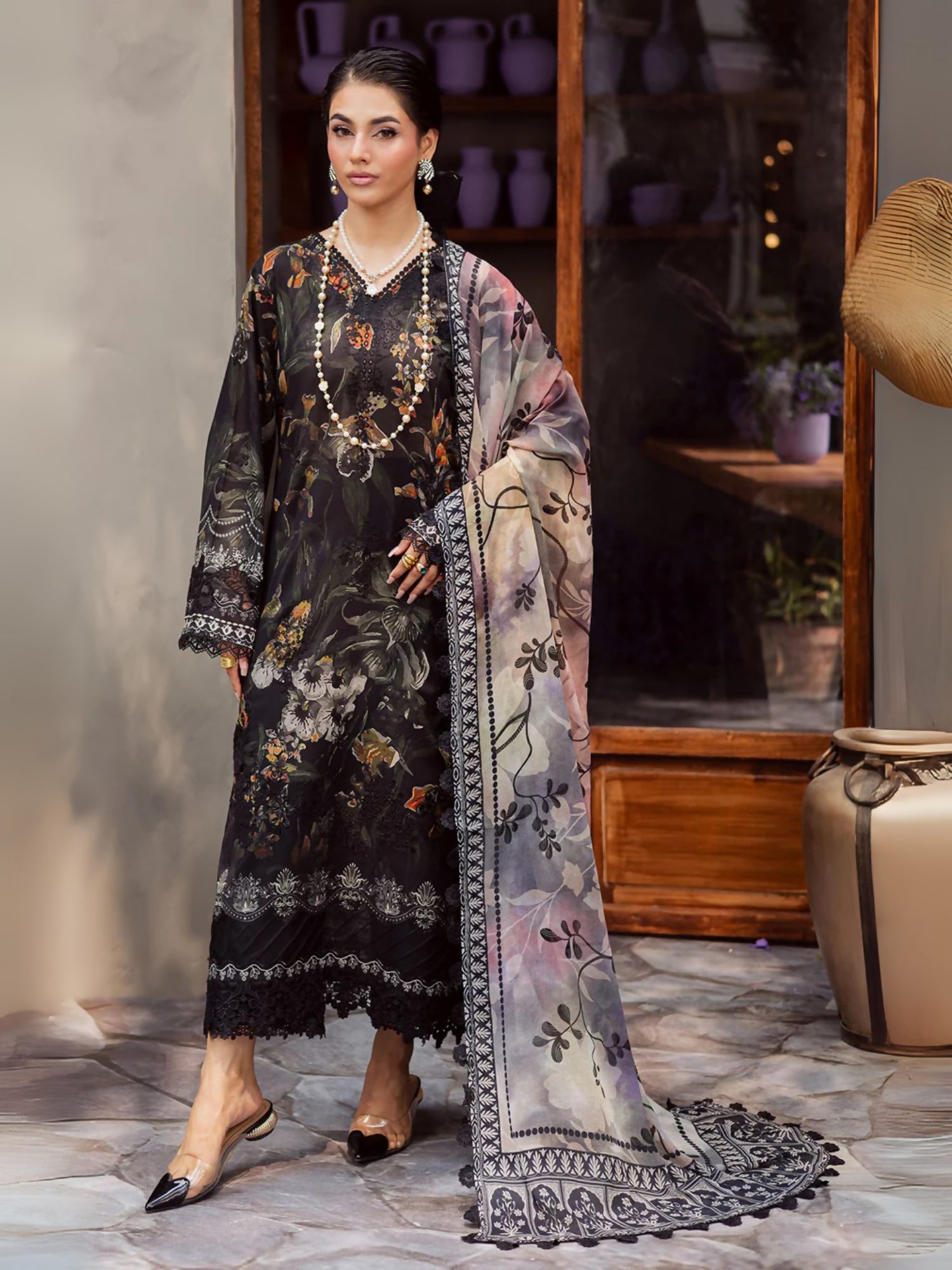 Nureh unstitched 3-piece suit with printed and embroidered chikankari lawn shirt, printed chiffon dupatta, and dyed cotton trouser.