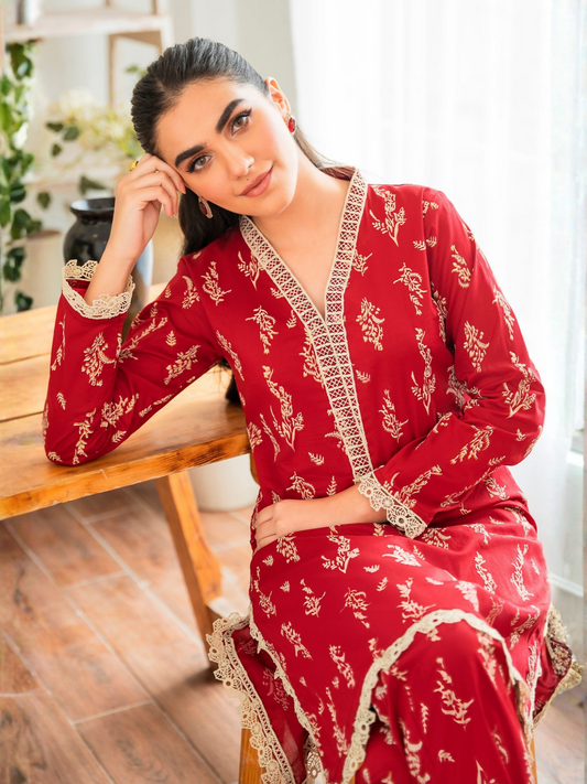 Panache Apparel Floral Fusion Cotton Lawn Printed Stitched 2-Piece Suit-Garnet