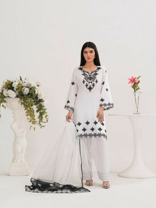 Stylish Collection Saya Pret Cotton Embroidered 3-Piece Suit-White Charm