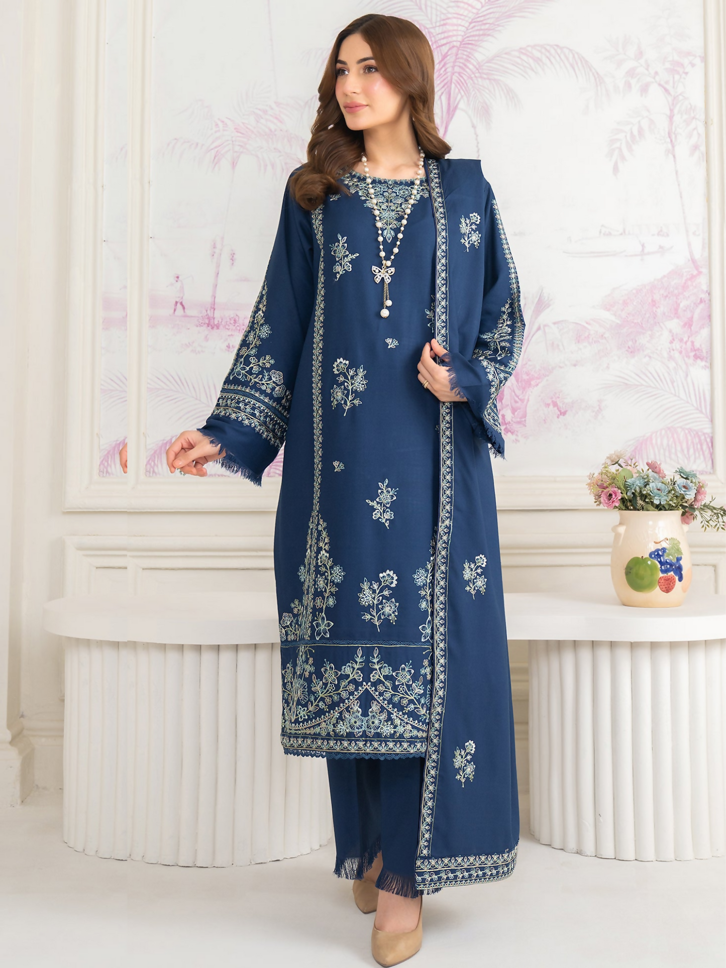 Panache Apparel Winter Whisper Linen Embroidered Stitched Suit-Frosted Dew