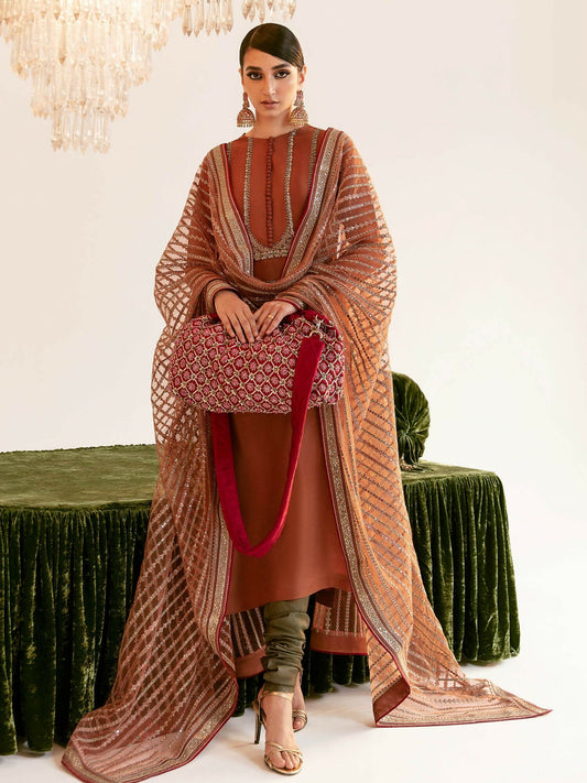 Hussain Rehar brown raw silk chooridaar set with embroidered net dupatta