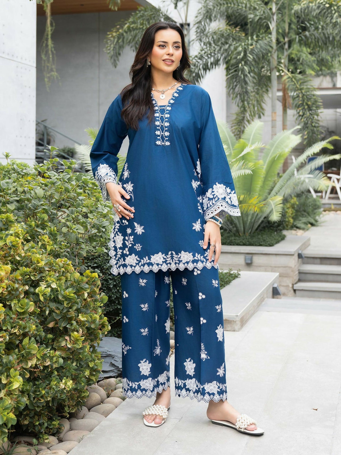 Panache Apparel Solid Story Cotton Lawn Embroidered Stitched Suit-Blue Petal