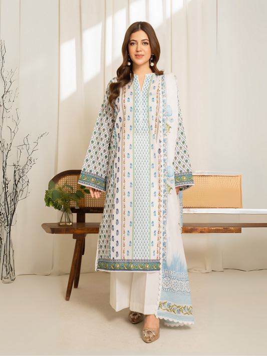 White and blue printed lawn suit with voile dupatta