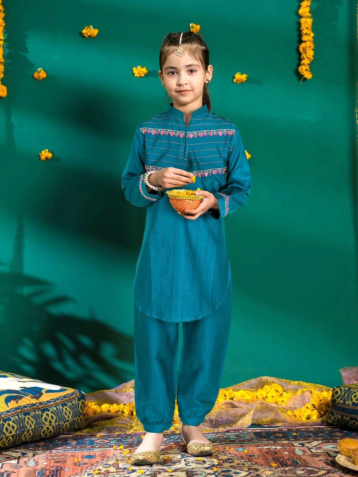 Velvour Girls Cotton Embroidered Stitched 2-Piece Suit-VG68-A