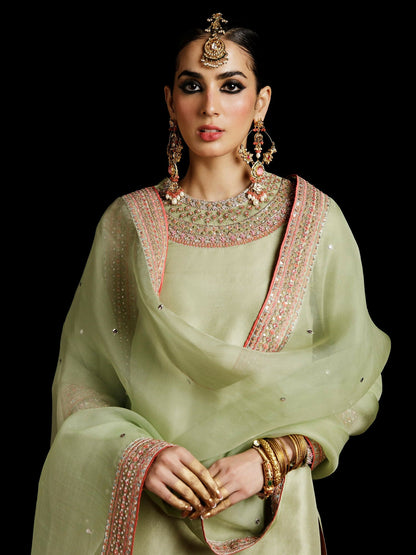 Hussain Rehar pistachio raw silk embellished shirt with hot pink shalwar and organza dupatta