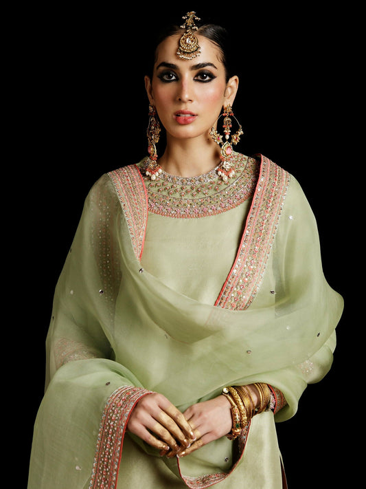 Hussain Rehar pistachio raw silk embellished shirt with hot pink shalwar and organza dupatta