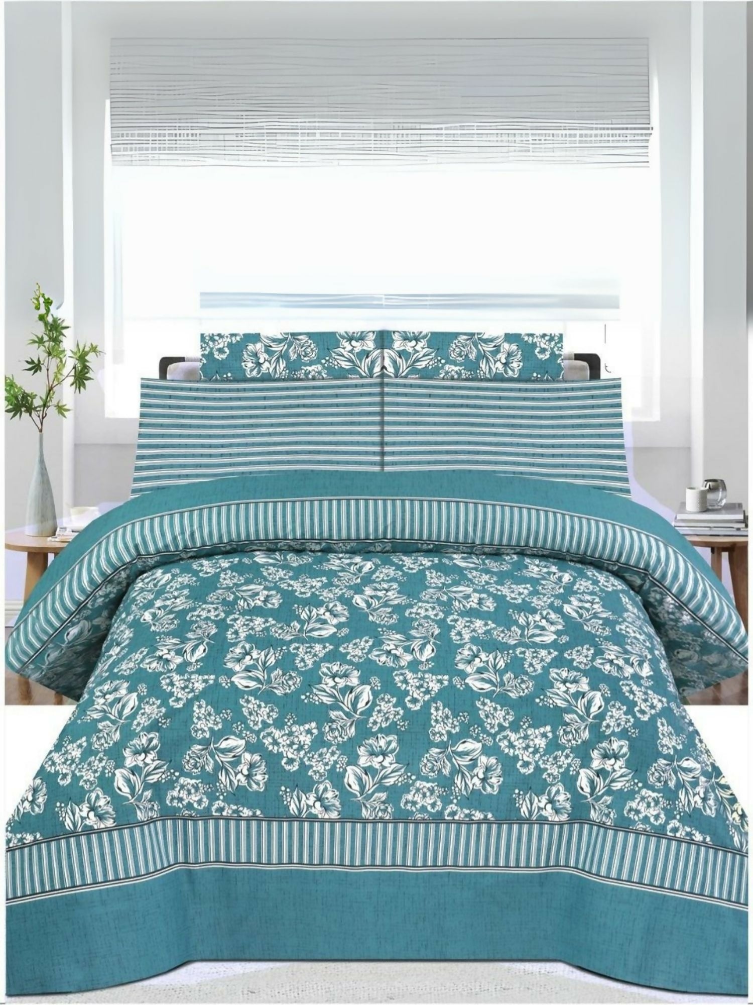teal bedsheet with white design – Danier 6pcs Comforter Set with soft poly cotton fabric